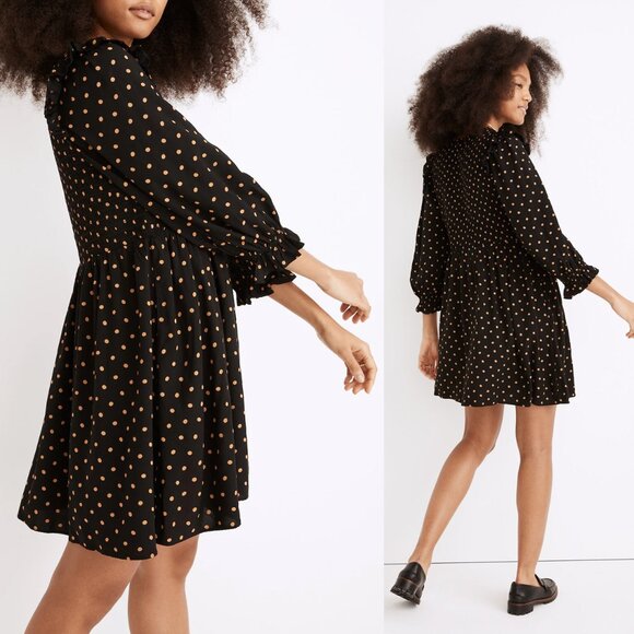 Madewell Lucie V-Neck Smocked Mini Dress in Oval Dot True Black Smocked S $119 - Picture 2 of 16